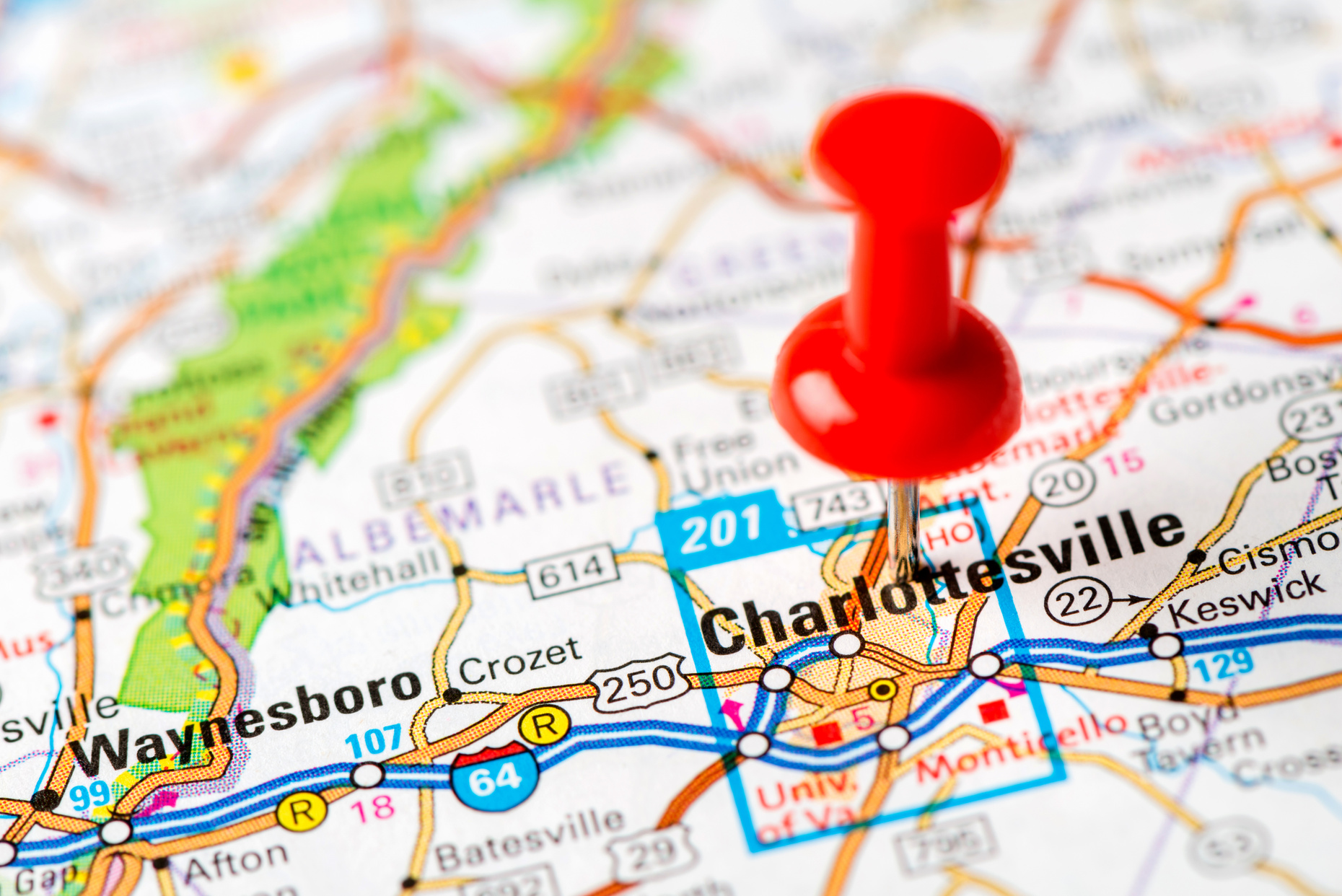 US capital cities on map series: Charlottesville, VA